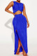 Blue Sexy Solid Patchwork Slit Fold O Neck Sleeveless Two Pieces
