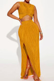 Red Sexy Solid Patchwork Slit Fold O Neck Sleeveless Two Pieces