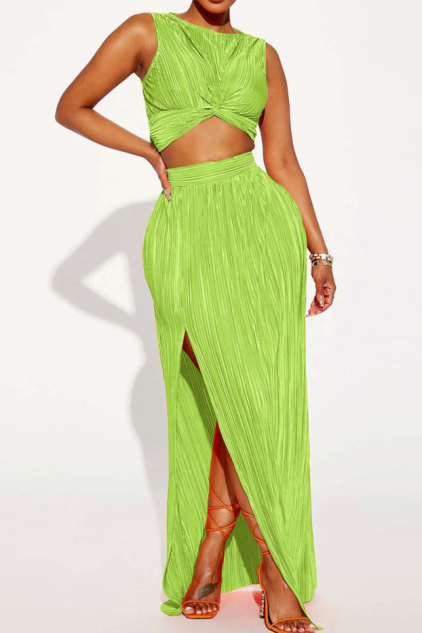Green Sexy Solid Patchwork Slit Fold O Neck Sleeveless Two Pieces