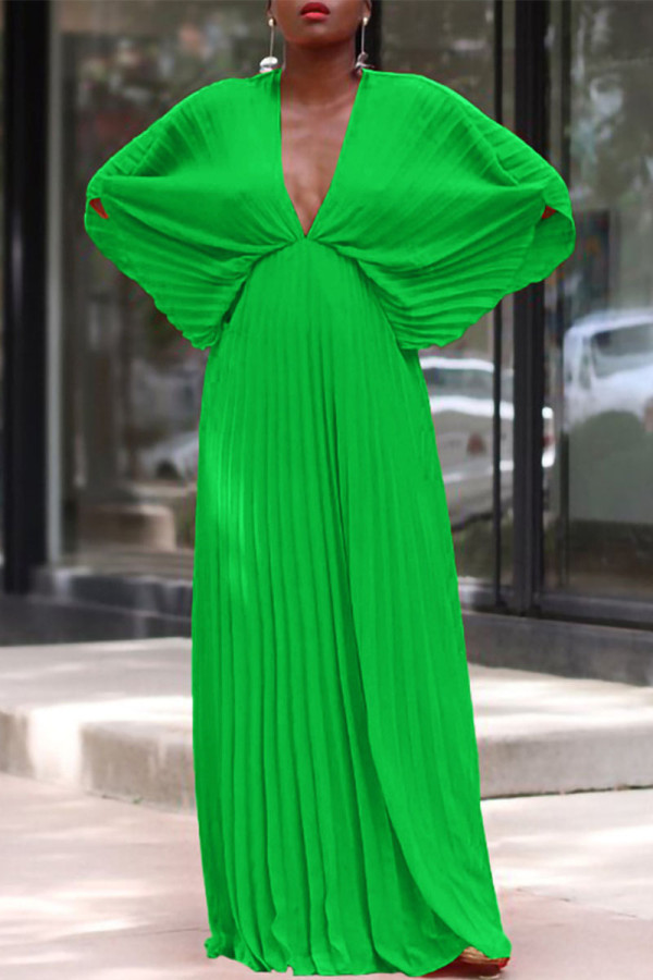 Green Elegant Solid Patchwork Fold V Neck Pleated Dresses