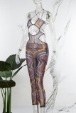Colour Sexy Street Sportswear Print Solid Hollowed Out Strap Design Spaghetti Strap Skinny Jumpsuits