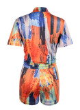 Red Casual Street Print Patchwork Frenulum Turndown Collar Short Sleeve Two Pieces