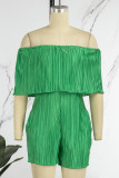 Green Casual Solid Flounce Fold Off the Shoulder Loose Rompers