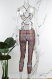 Colour Sexy Street Sportswear Print Solid Hollowed Out Strap Design Spaghetti Strap Skinny Jumpsuits