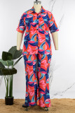 Blue Casual Work Street Print Buttons Turndown Collar Plus Size Two Pieces