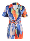 Red Casual Street Print Patchwork Frenulum Turndown Collar Short Sleeve Two Pieces