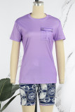 Purple Casual Print Patchwork Pocket O Neck Short Sleeve Two Pieces