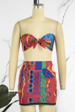 Red Street Print Hollowed Out Patchwork Strapless Sleeveless Two Pieces