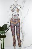 Colour Sexy Street Sportswear Print Solid Hollowed Out Strap Design Spaghetti Strap Skinny Jumpsuits