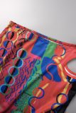 Red Street Print Hollowed Out Patchwork Strapless Sleeveless Two Pieces