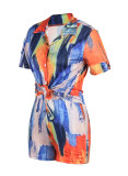 Red Casual Street Print Patchwork Frenulum Turndown Collar Short Sleeve Two Pieces