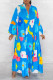 Blue Casual Print Patchwork Buttons Flounce V Neck A Line Dresses
