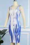Orange Elegant Tie Dye Patchwork U Neck One Step Skirt Dresses