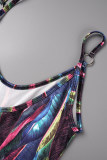 Black Casual Print Patchwork Metal Accessories Decoration Backless Spaghetti Strap One Step Skirt Dresses