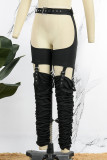 Black Sexy Solid Metal Accessories Decoration Fold Cut Out Skinny Pencil Solid Color Bottoms