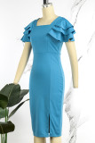 Sky Blue Casual Work Elegant Solid Patchwork Flounce Slit Square Collar Wrapped Skirt Dresses