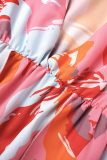 Pink Casual Print High Opening V Neck Waist Skirt Dresses