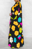 Blue Casual Print Patchwork Buttons Flounce V Neck A Line Dresses