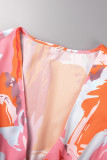 Pink Casual Print High Opening V Neck Waist Skirt Dresses