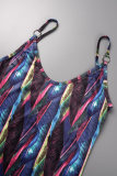 Black Casual Print Patchwork Metal Accessories Decoration Backless Spaghetti Strap One Step Skirt Dresses