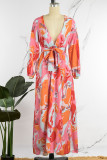 Pink Casual Print High Opening V Neck Waist Skirt Dresses