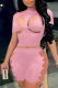 Pink Sexy Solid Hollowed Out Cross Straps Half A Turtleneck Short Sleeve Two Pieces(Three Pieces)