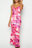 Pink Elegant Print Frenulum Backless Spaghetti Strap One Step Skirt Dresses