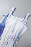 Orange Elegant Tie Dye Patchwork U Neck One Step Skirt Dresses