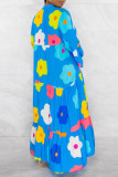 Blue Casual Print Patchwork Buttons Flounce V Neck A Line Dresses