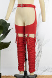 Red Sexy Solid Metal Accessories Decoration Fold Cut Out Skinny Pencil Solid Color Bottoms