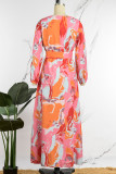 Pink Casual Print High Opening V Neck Waist Skirt Dresses