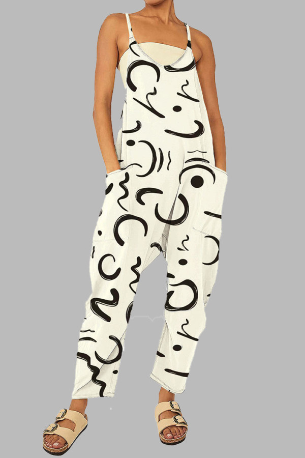 Apricot Casual Gradual Change Print Patchwork Pocket Zipper Spaghetti Strap Loose Jumpsuits