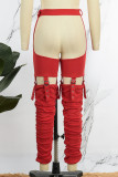 Red Sexy Solid Metal Accessories Decoration Fold Cut Out Skinny Pencil Solid Color Bottoms