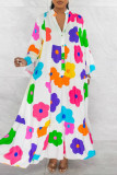 Blue Casual Print Patchwork Buttons Flounce V Neck A Line Dresses