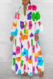 Blue Casual Print Patchwork Buttons Flounce V Neck A Line Dresses
