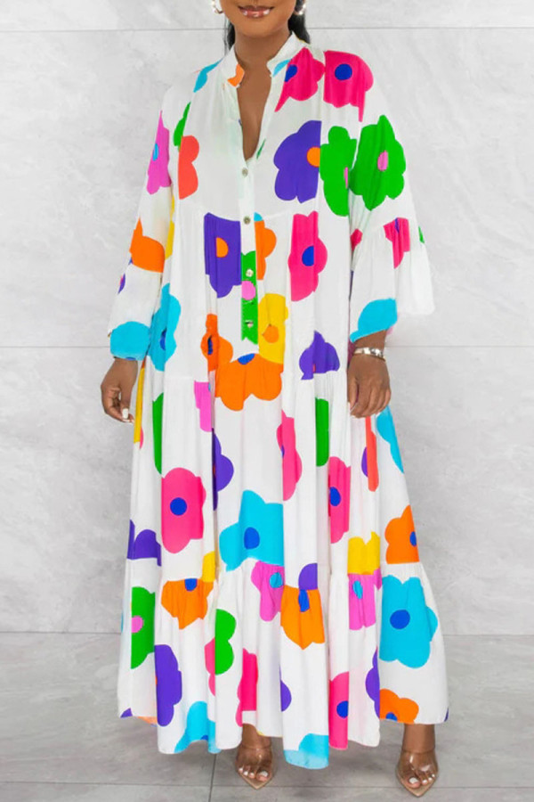 White Casual Print Patchwork Buttons Flounce V Neck A Line Dresses