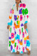 White Casual Print Patchwork Buttons Flounce V Neck A Line Dresses