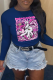 Navy Blue Street Vintage Print Patchwork O Neck Tops