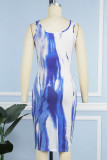 Orange Elegant Tie Dye Patchwork U Neck One Step Skirt Dresses