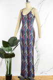 Black Casual Print Patchwork Metal Accessories Decoration Backless Spaghetti Strap One Step Skirt Dresses