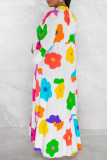 Blue Casual Print Patchwork Buttons Flounce V Neck A Line Dresses
