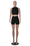 Grey Work Solid Patchwork Zipper Zipper Collar Sleeveless Two Pieces