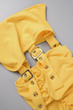 Yellow Sexy Solid Metal Accessories Decoration Fold Cut Out Skinny Pencil Solid Color Bottoms