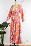 Pink Casual Print High Opening V Neck Waist Skirt Dresses