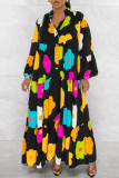 Blue Casual Print Patchwork Buttons Flounce V Neck A Line Dresses