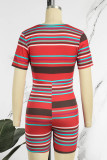 Red Casual Work Street Simplicity Striped Patchwork V Neck Skinny Jumpsuits