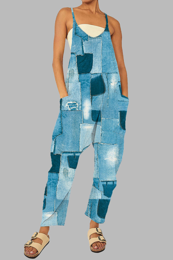 The cowboy blue Casual Gradual Change Print Patchwork Pocket Zipper Spaghetti Strap Loose Jumpsuits