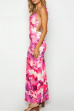 Pink Elegant Print Frenulum Backless Spaghetti Strap One Step Skirt Dresses