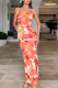 Orange Elegant Print Frenulum Backless Spaghetti Strap One Step Skirt Dresses