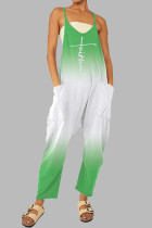 White Green Casual Gradual Change Print Patchwork Pocket Zipper Spaghetti Strap Loose Jumpsuits